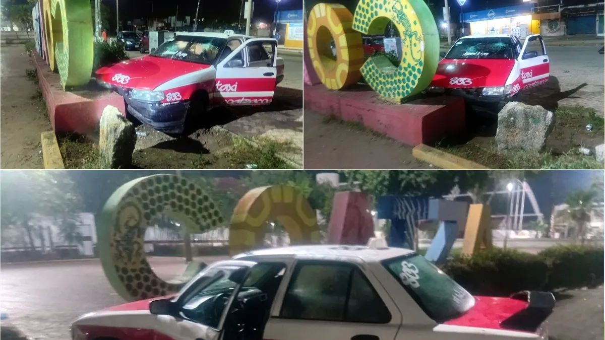 Taxi se estrella contra letras de Coatza frente a la Alameda Deportiva