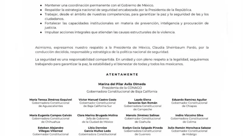 Gobernadora de Veracruz comparte pronunciamiento de la CONAGO sobre seguridad