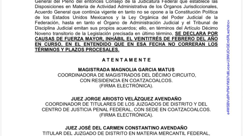 Poder Judicial de Coatzacoalcos frena plazos procesales ante riesgos por hechos violentos en el país