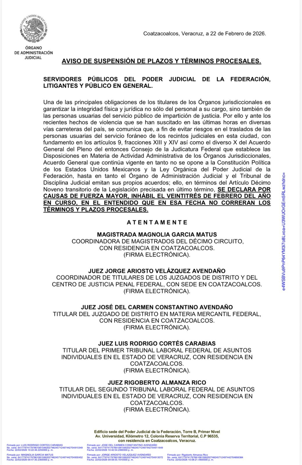 Poder Judicial de Coatzacoalcos frena plazos procesales ante riesgos por hechos violentos en el país