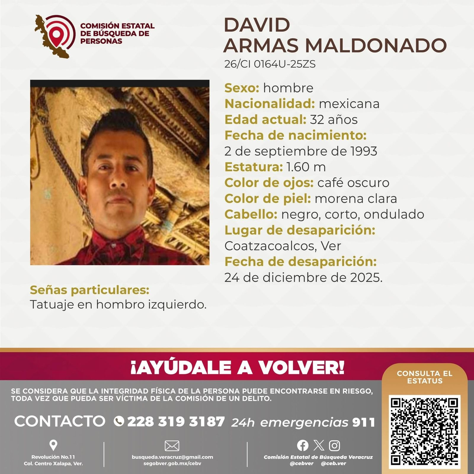 Sigue desaparecido David Armas en Coatzacoalcos; fue visto por última vez en diciembre