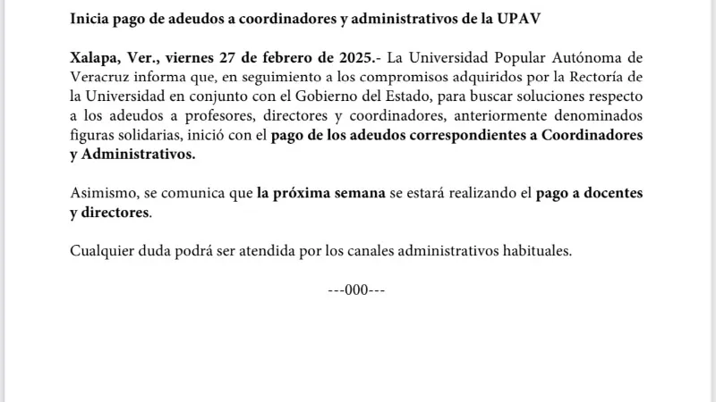 Anuncian regularización de pagos en la UPAV tras reclamos de maestros y alumnos