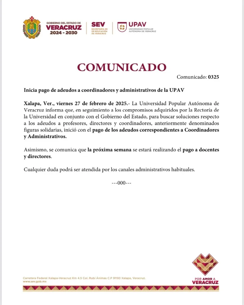 Anuncian regularización de pagos en la UPAV tras reclamos de maestros y alumnos