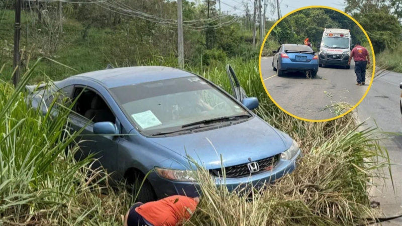 Vehículo se sale del camino en Acayucan tras reventarse una llanta