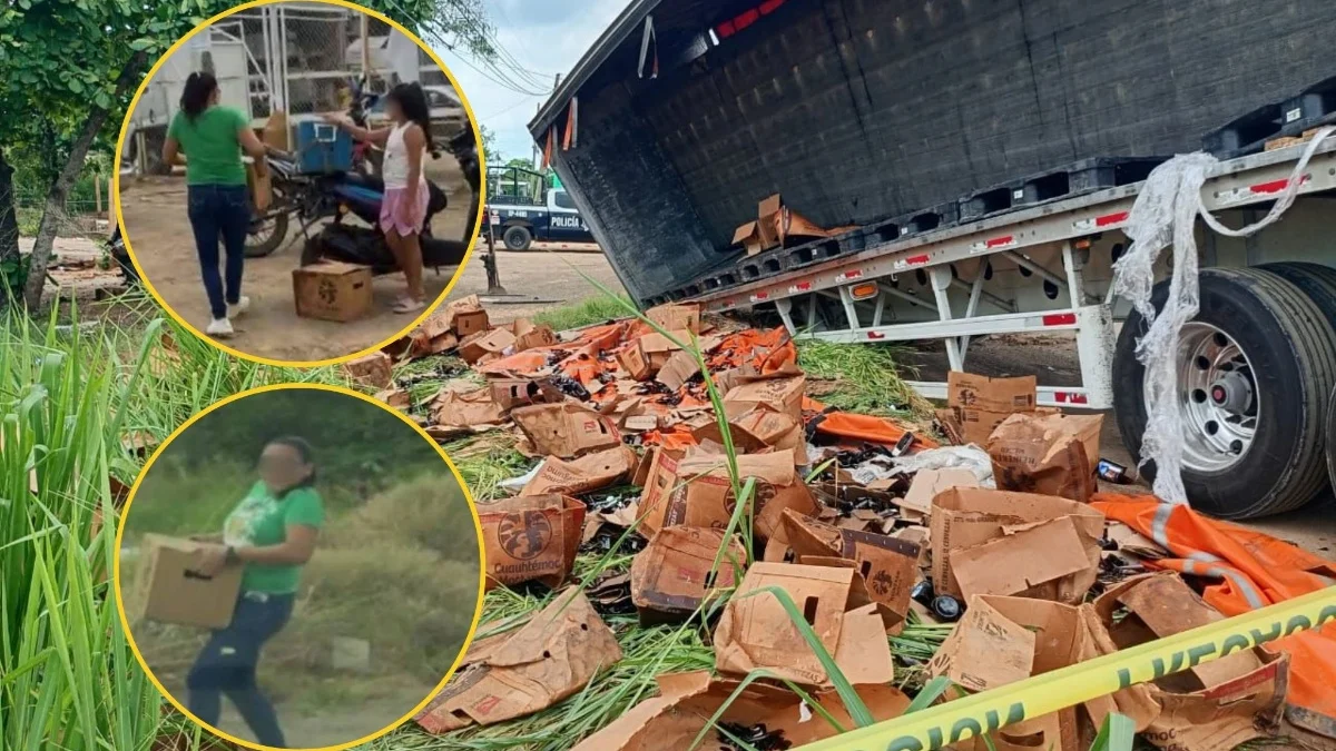 Rapiñan cargamento de cerveza tras percance de tráiler en Acayucan; SSP realiza disparos disuasivos