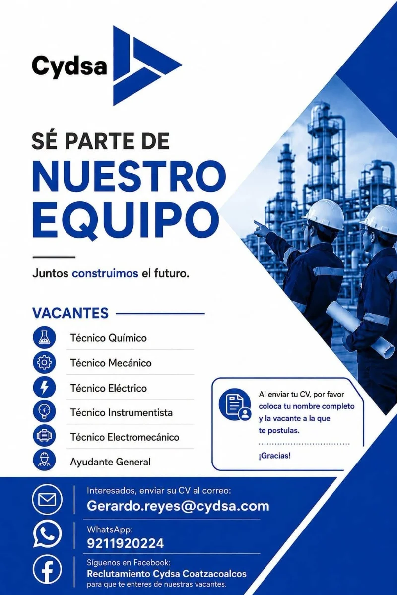 Cydsa lanza vacantes en Coatzacoalcos para técnicos y ayudantes generales