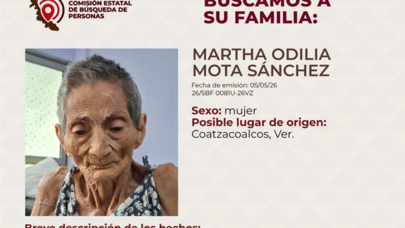 Buscan a familiares de abuelita localizada en Coatzacoalcos desde enero de 2026