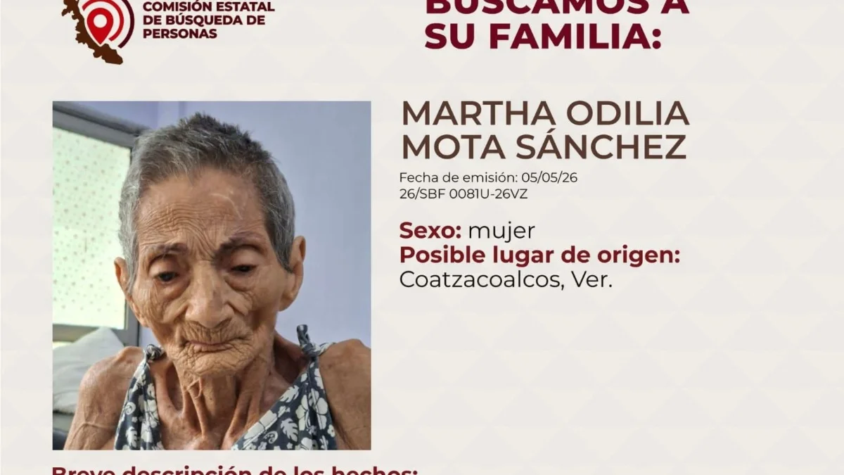 Buscan a familiares de abuelita localizada en Coatzacoalcos desde enero de 2026