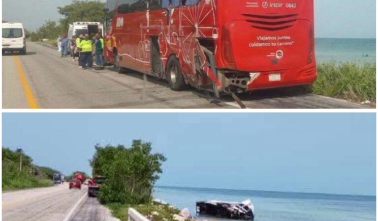 Hasta el mar fue a dar tráiler por accidente con autobús en Campeche