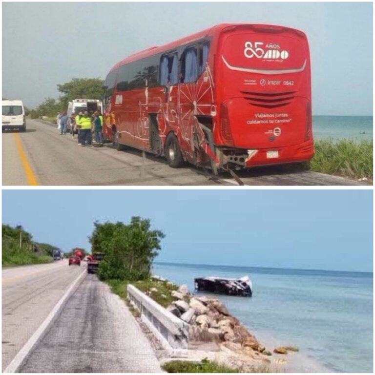 Hasta el mar fue a dar tráiler por accidente con autobús en Campeche